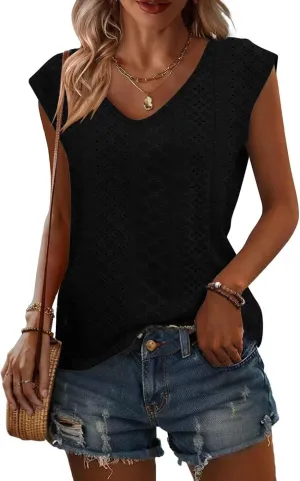 Womens Tops Cap Sleeve T Shirts 2025 Eyelet Embroidery U Neck Summer Fashion Clothes Basic Casual Tee