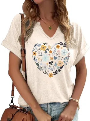 Womens Vintage Flowers V Neck Shirt Boho Floral Wildflowers Graphic Tee Casual Graphic Tees Tops for Girl