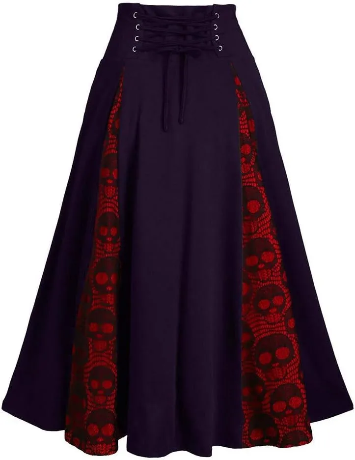 Women's Vintage Gothic Victorian Skirt Lace Patchwork High Waist Midi Skirt Goth Pleated Skirt Steampunk Skirt