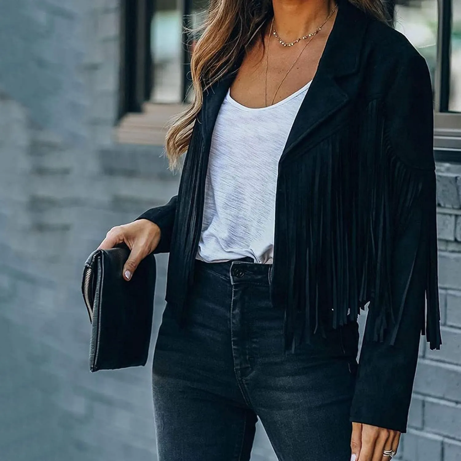 Womens Vintage Tassel Cropped Motor Biker Faux Suede Jackets Long Sleeve Hippie Boho Western Cowgirl Fringe Coat Outwear