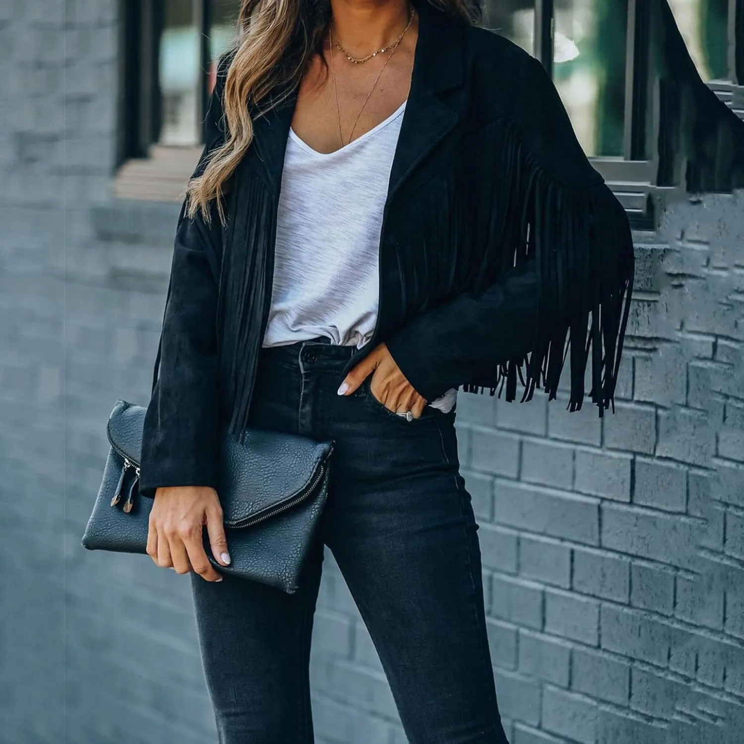 Womens Vintage Tassel Cropped Motor Biker Faux Suede Jackets Long Sleeve Hippie Boho Western Cowgirl Fringe Coat Outwear