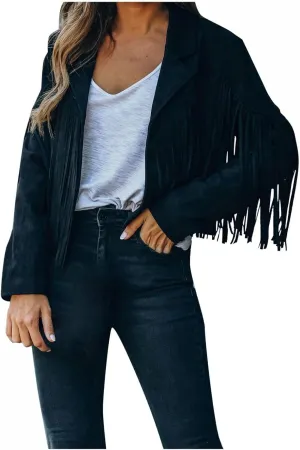 Womens Vintage Tassel Cropped Motor Biker Faux Suede Jackets Long Sleeve Hippie Boho Western Cowgirl Fringe Coat Outwear