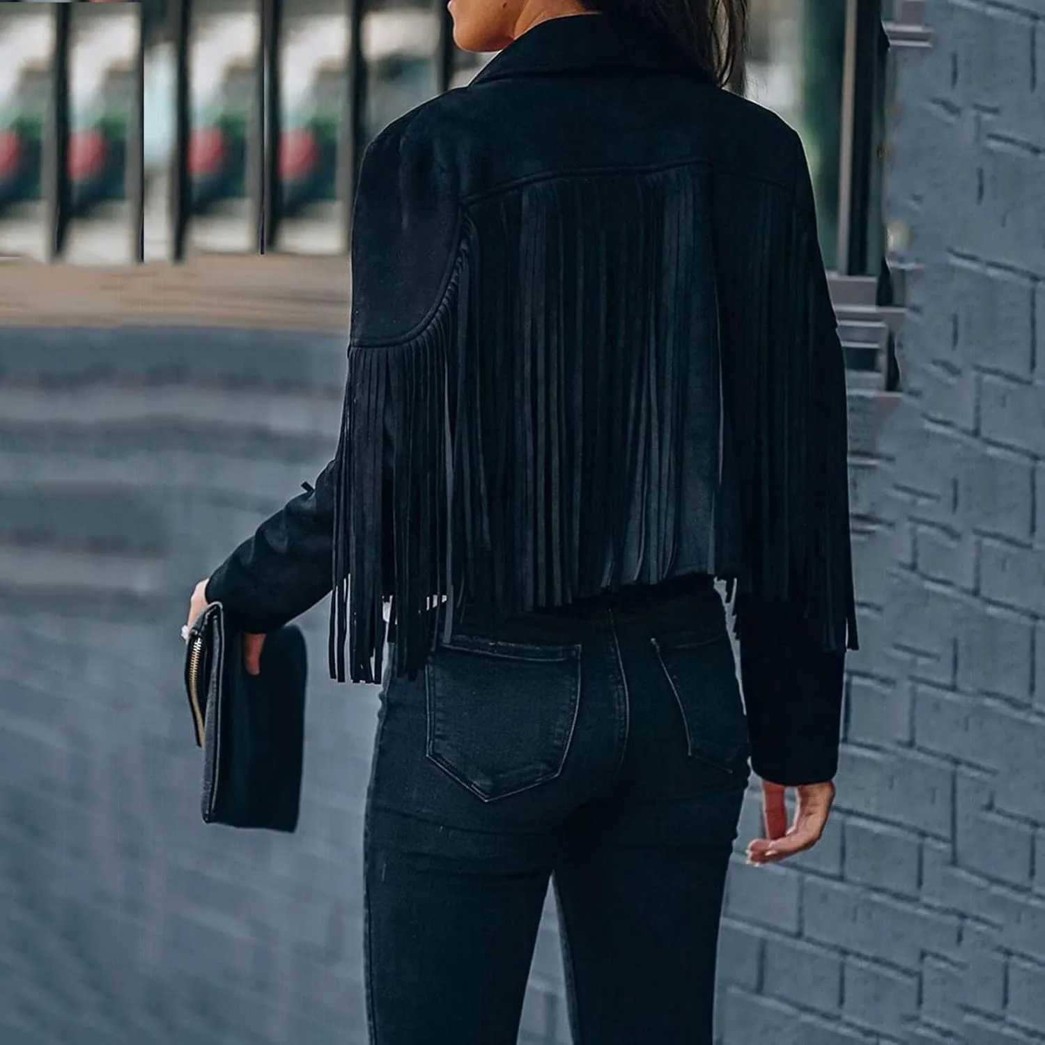 Womens Vintage Tassel Cropped Motor Biker Faux Suede Jackets Long Sleeve Hippie Boho Western Cowgirl Fringe Coat Outwear