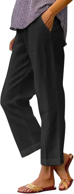 Womens Wide Leg Linen Pants Drawstring Elastic Waist Capri Pants Loose Summer Beach Lounge Trousers with Pockets