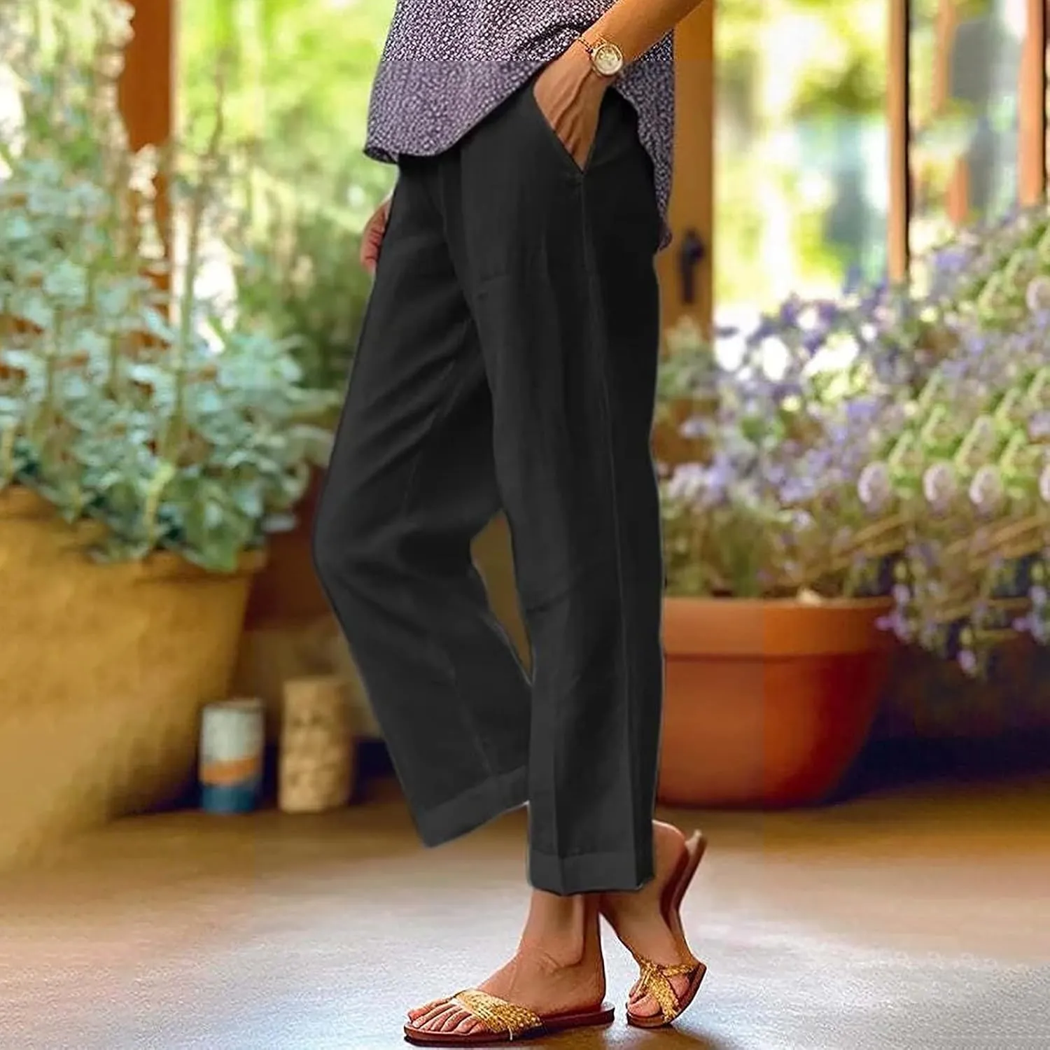 Womens Wide Leg Linen Pants Drawstring Elastic Waist Capri Pants Loose Summer Beach Lounge Trousers with Pockets