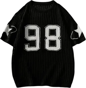 Women's Y2K Jersey Shirts Oversized Number Crochet Hollow Out Jersey Tee Sweater Crew Neck Short Sleeve Knit T Shirts