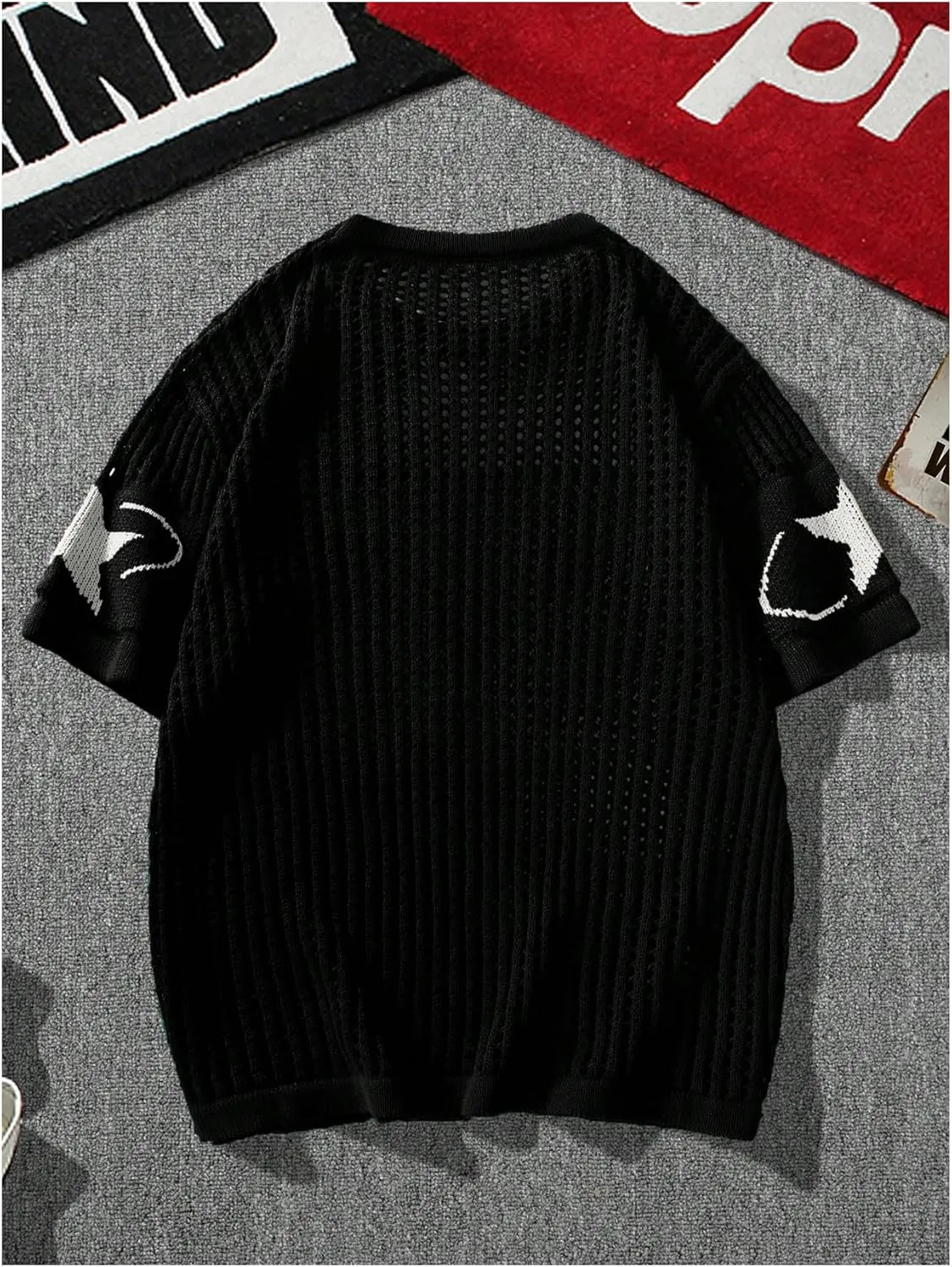 Women's Y2K Jersey Shirts Oversized Number Crochet Hollow Out Jersey Tee Sweater Crew Neck Short Sleeve Knit T Shirts