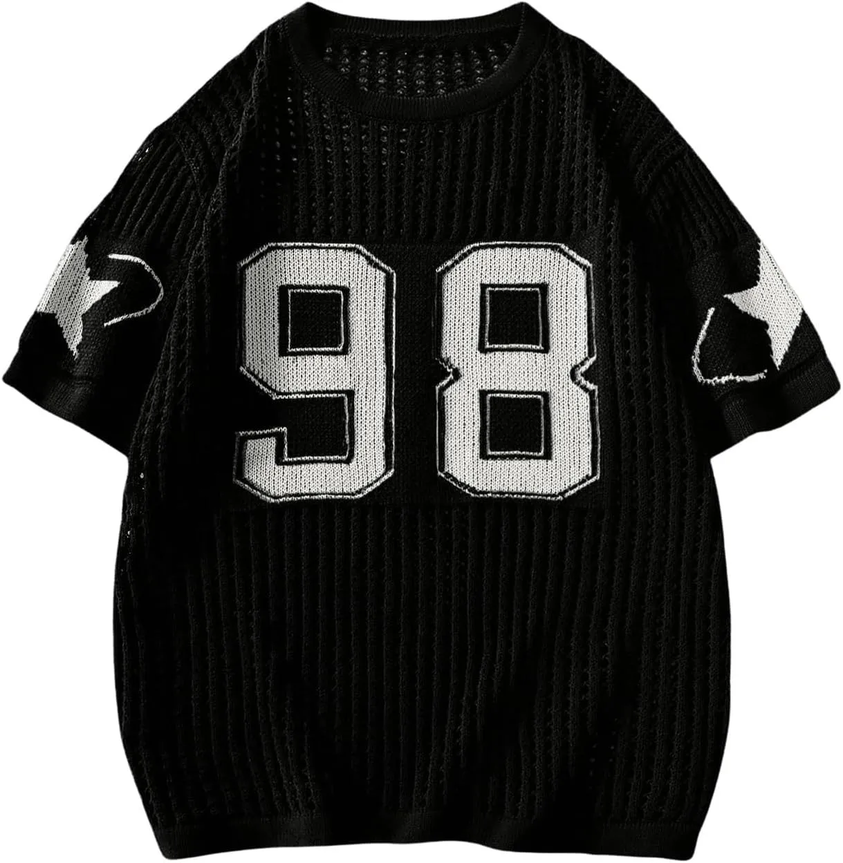 Women's Y2K Jersey Shirts Oversized Number Crochet Hollow Out Jersey Tee Sweater Crew Neck Short Sleeve Knit T Shirts