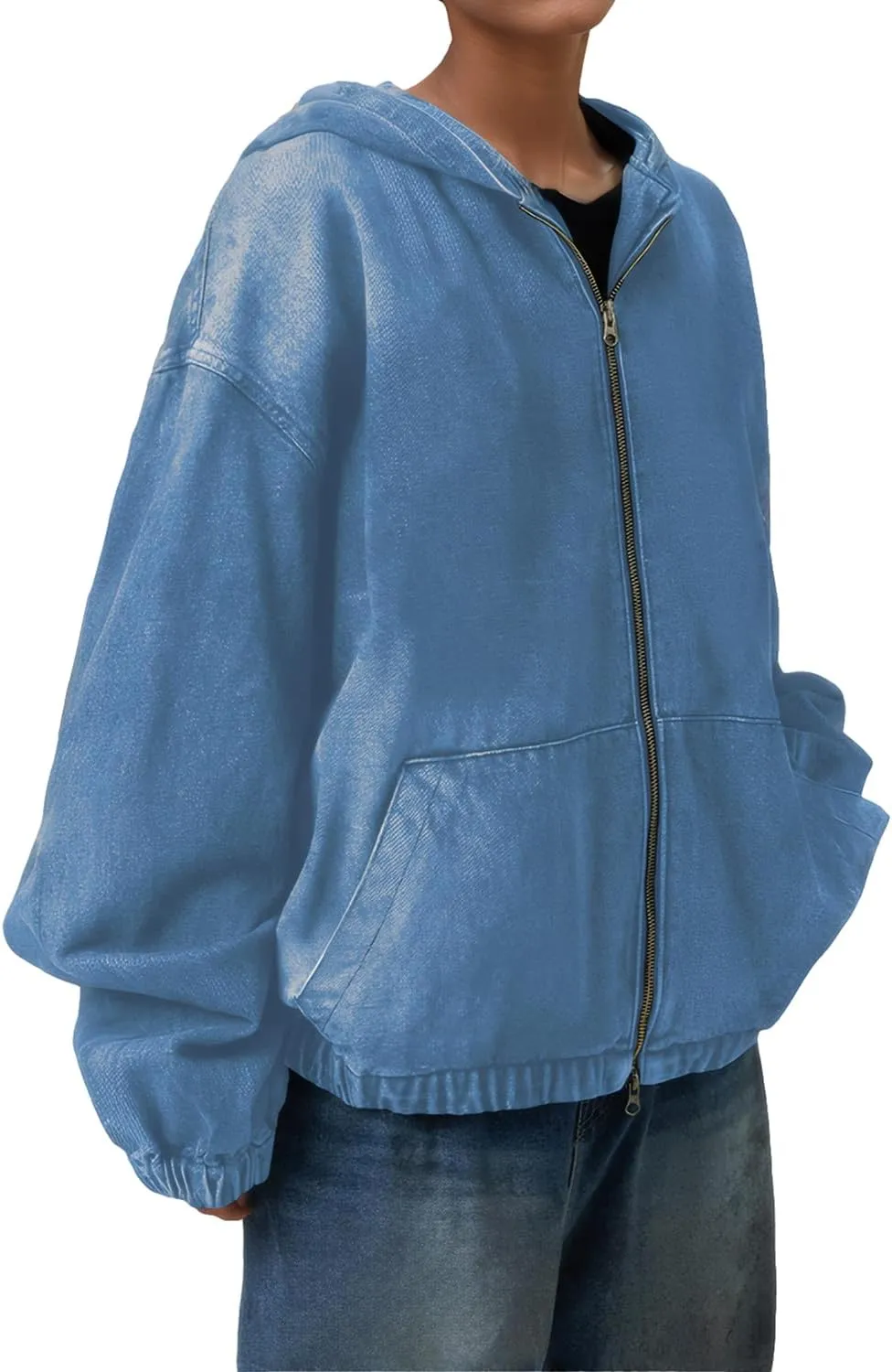Women's Zip Up Denim Hoodie Sweatshirt Jean Jacket Coats with Pockets