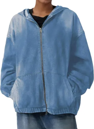 Women's Zip Up Denim Hoodie Sweatshirt Jean Jacket Coats with Pockets