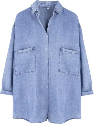 Wyeysyt Womens Chambray Shirt Denim Blue Button Down Jean Shirt Oversized Denim Tops Soft Tencel Casual 3/4 Sleeve Jacket