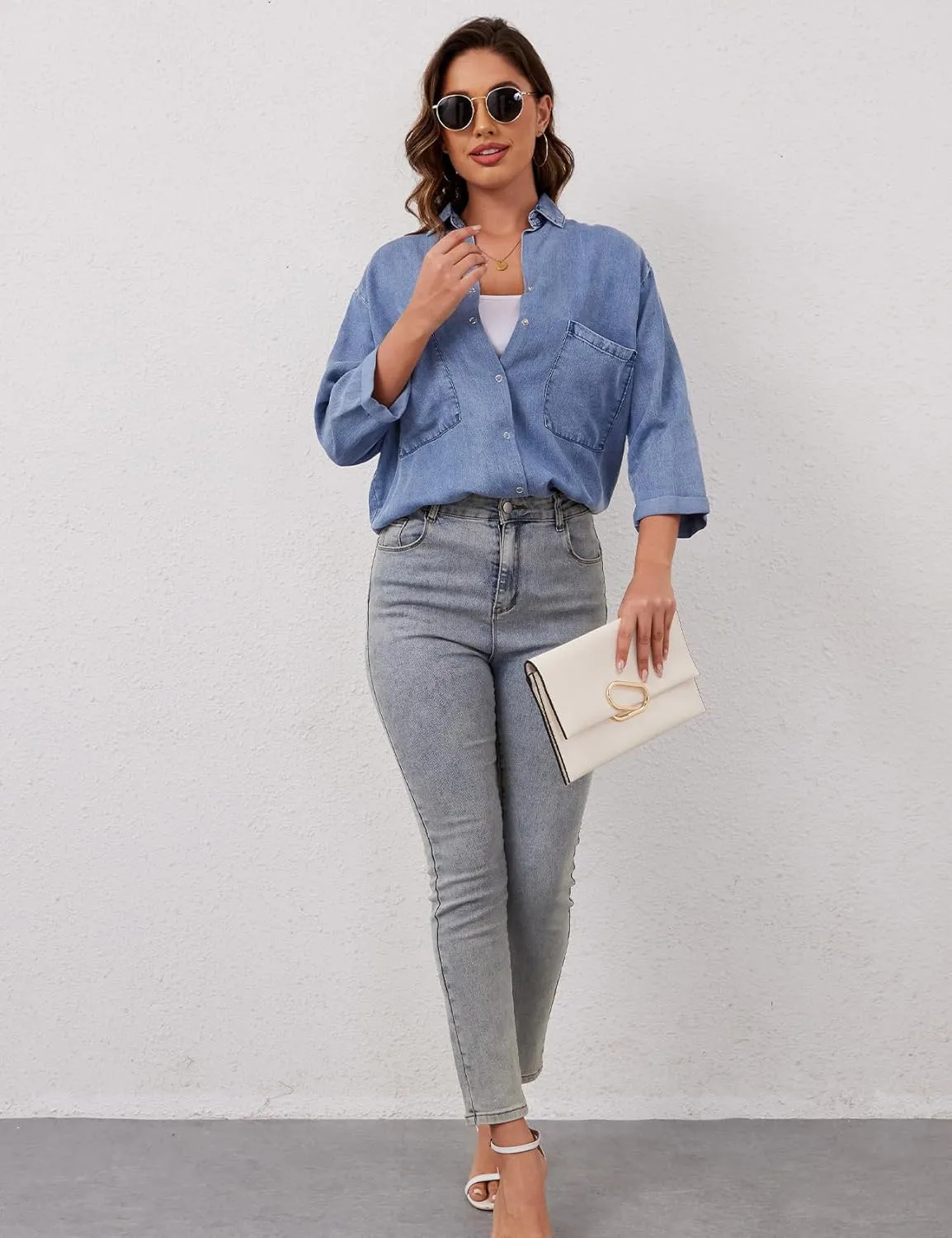 Wyeysyt Womens Chambray Shirt Denim Blue Button Down Jean Shirt Oversized Denim Tops Soft Tencel Casual 3/4 Sleeve Jacket