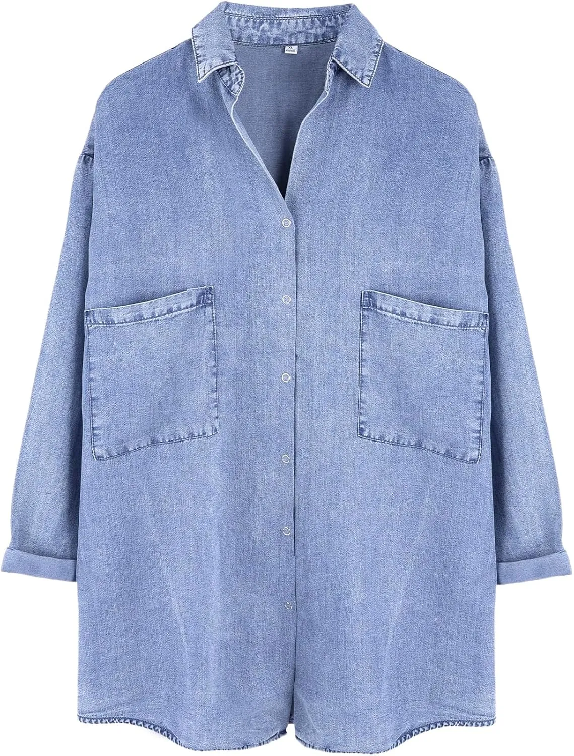 Wyeysyt Womens Chambray Shirt Denim Blue Button Down Jean Shirt Oversized Denim Tops Soft Tencel Casual 3/4 Sleeve Jacket