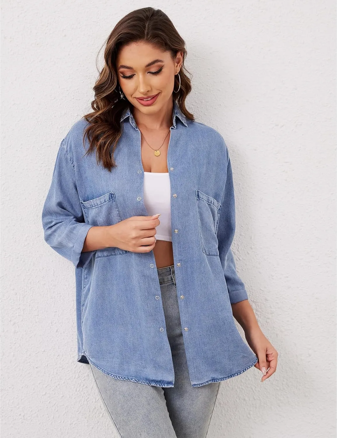 Wyeysyt Womens Chambray Shirt Denim Blue Button Down Jean Shirt Oversized Denim Tops Soft Tencel Casual 3/4 Sleeve Jacket