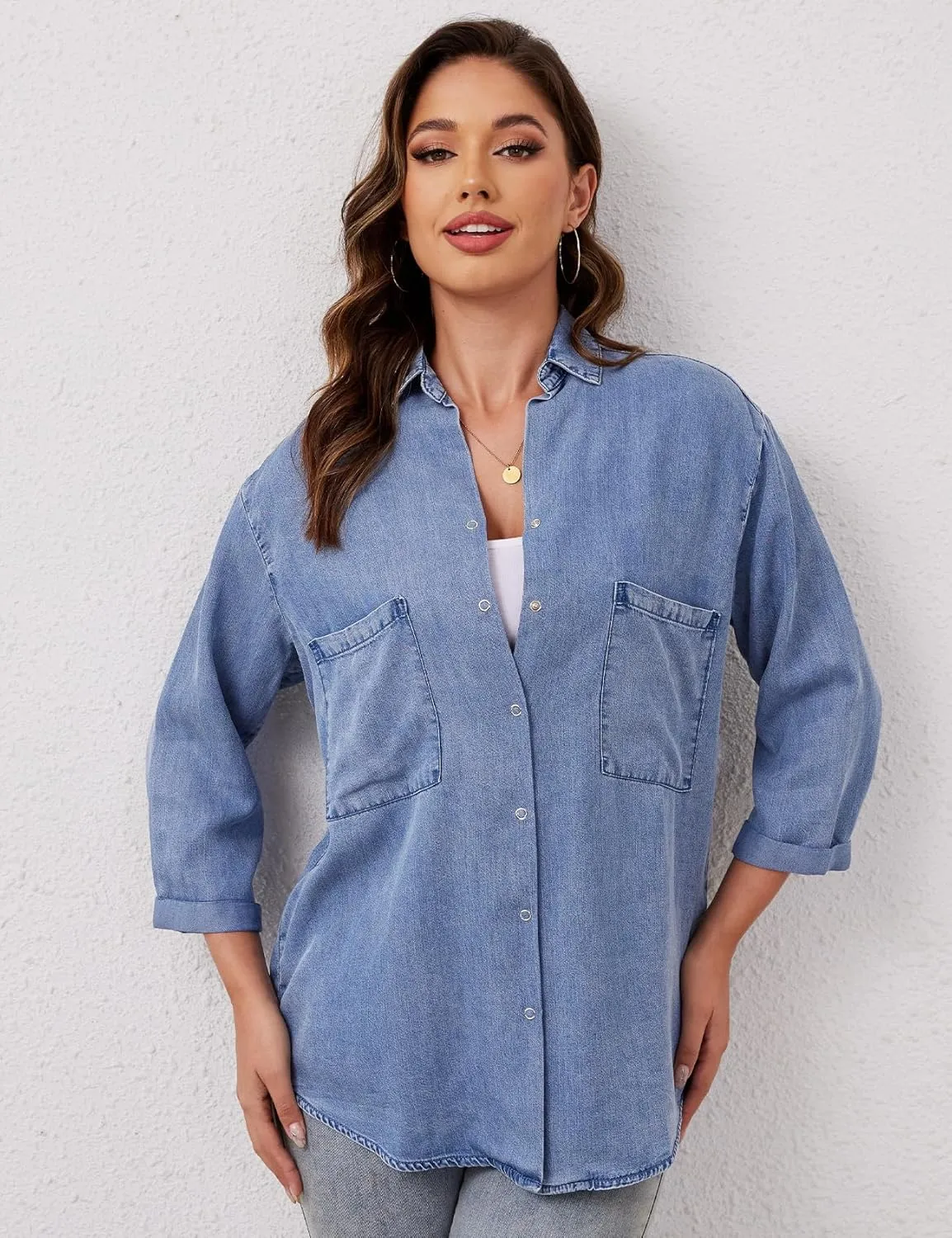 Wyeysyt Womens Chambray Shirt Denim Blue Button Down Jean Shirt Oversized Denim Tops Soft Tencel Casual 3/4 Sleeve Jacket