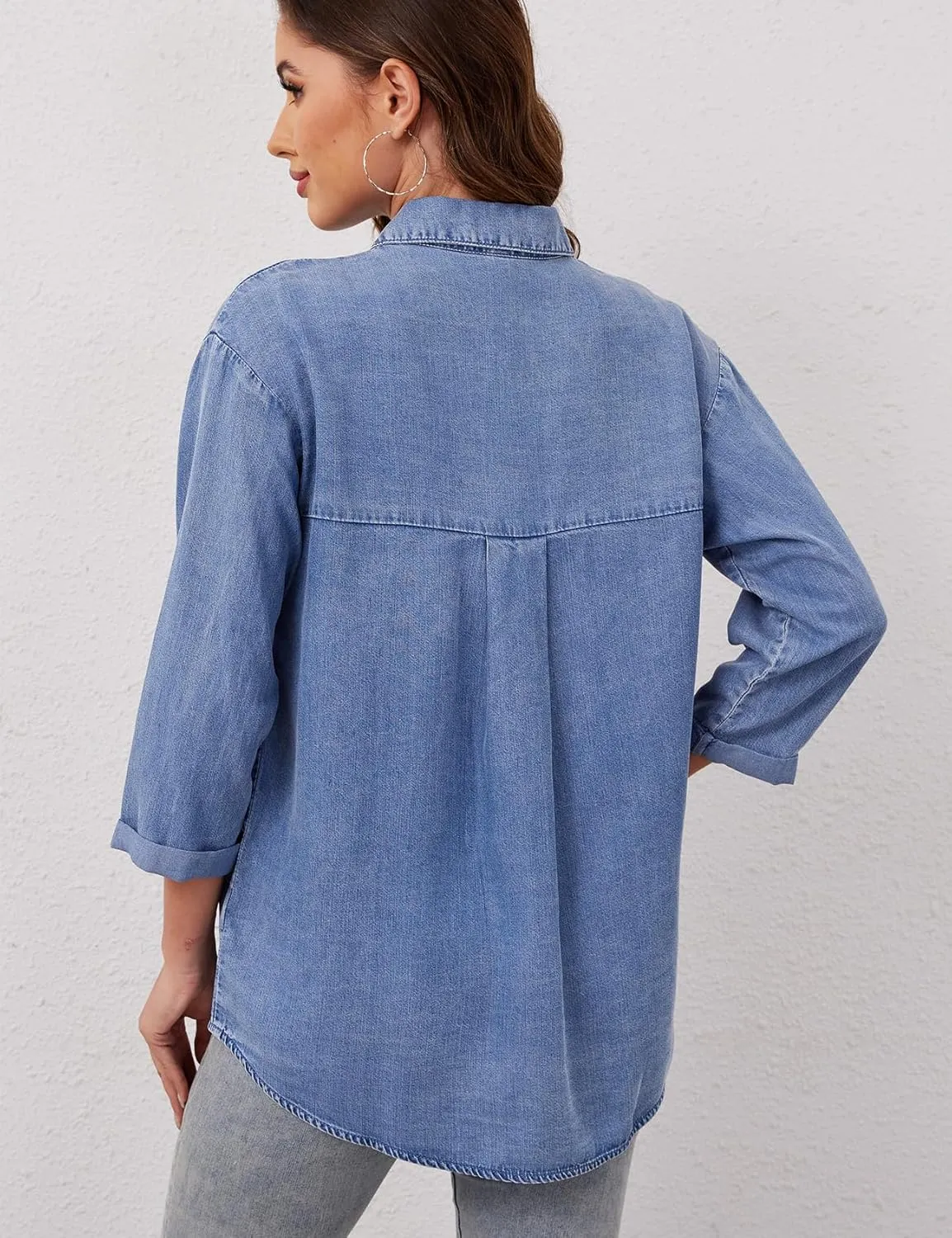 Wyeysyt Womens Chambray Shirt Denim Blue Button Down Jean Shirt Oversized Denim Tops Soft Tencel Casual 3/4 Sleeve Jacket