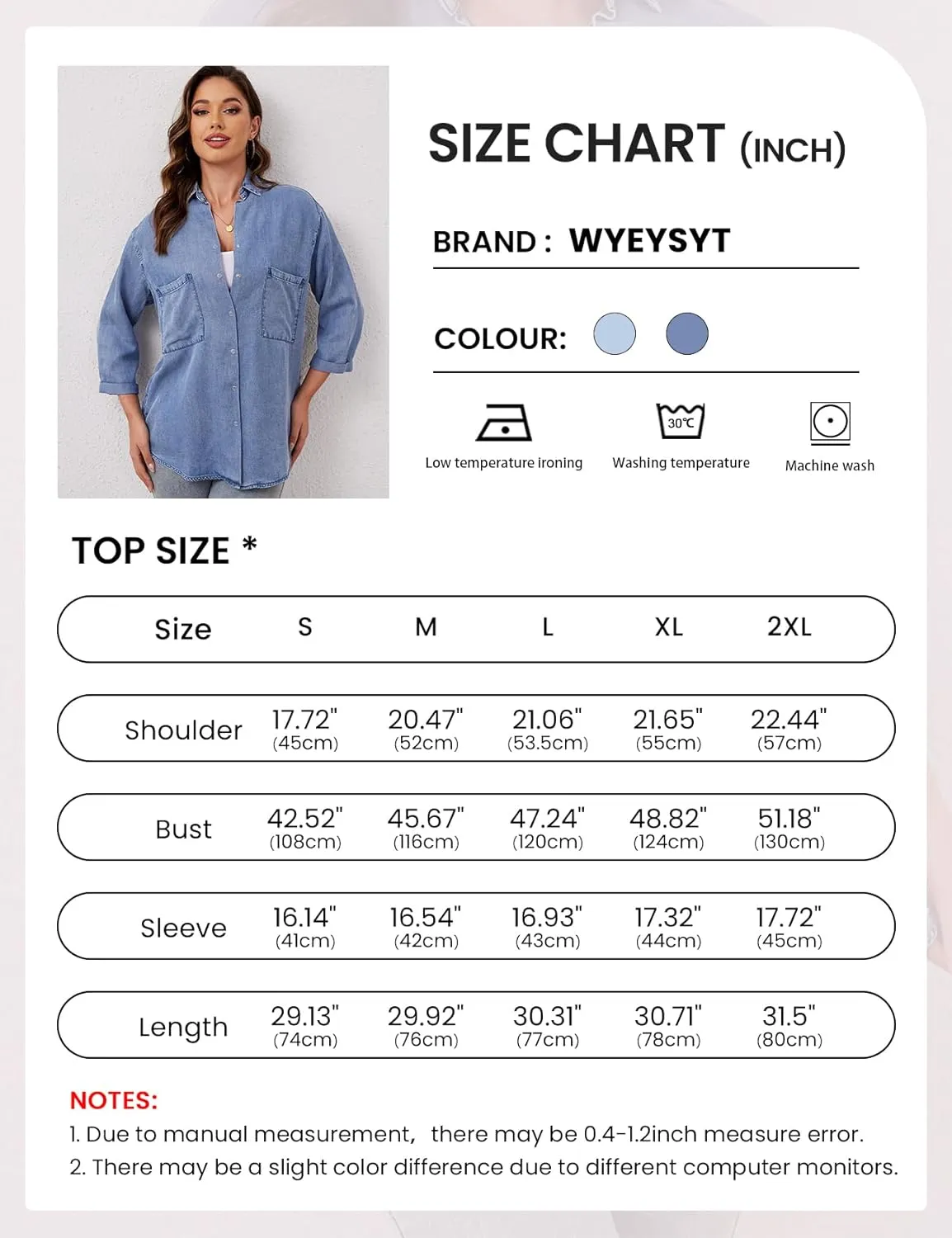 Wyeysyt Womens Chambray Shirt Denim Blue Button Down Jean Shirt Oversized Denim Tops Soft Tencel Casual 3/4 Sleeve Jacket