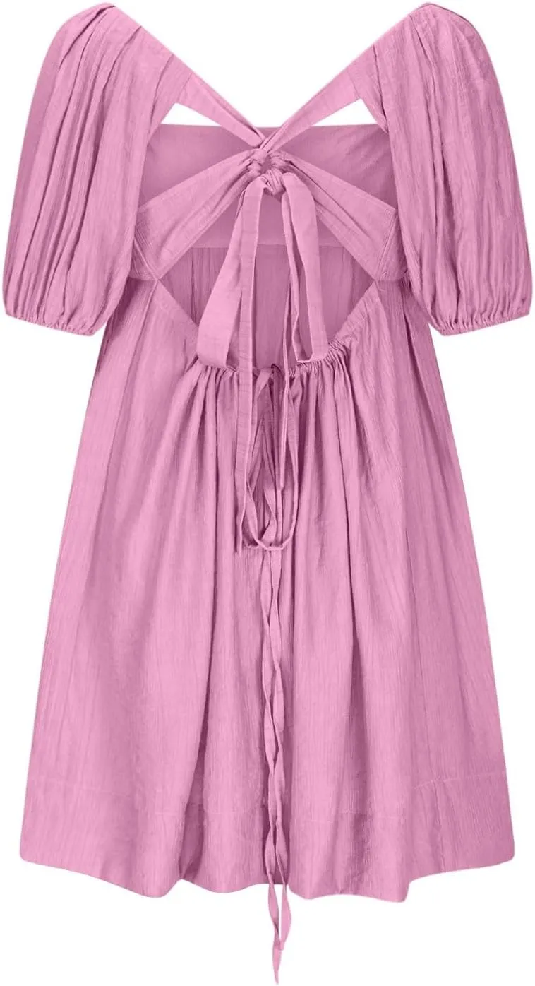 Xiaojmake Babydoll Dress for Women 2025 Cute Puff Short Sleeve Square Neck Short Dress High Waist A Line Bubble Mini Dresses