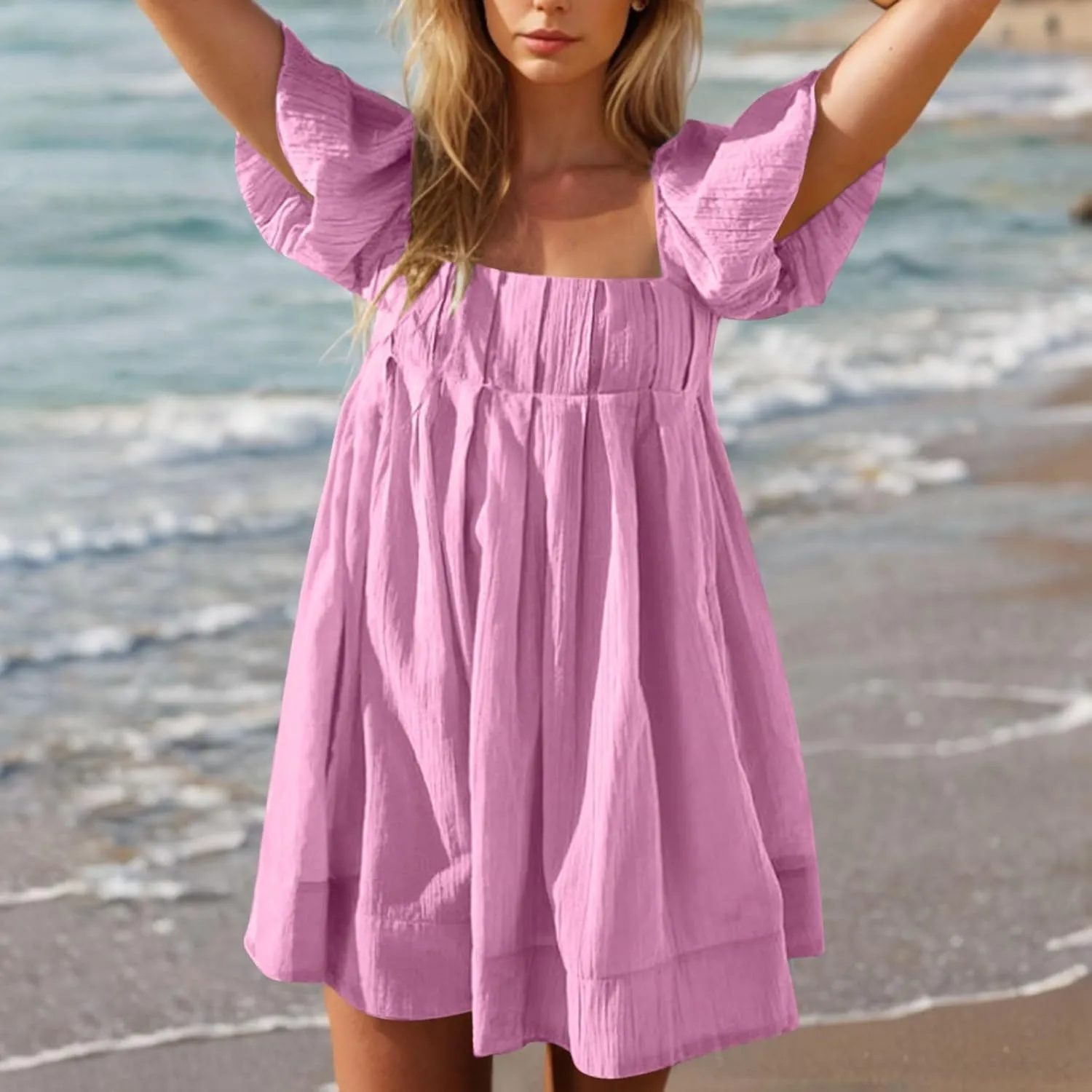 Xiaojmake Babydoll Dress for Women 2025 Cute Puff Short Sleeve Square Neck Short Dress High Waist A Line Bubble Mini Dresses