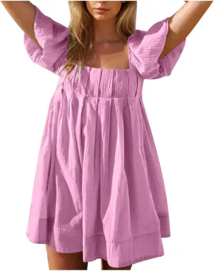 Xiaojmake Babydoll Dress for Women 2025 Cute Puff Short Sleeve Square Neck Short Dress High Waist A Line Bubble Mini Dresses
