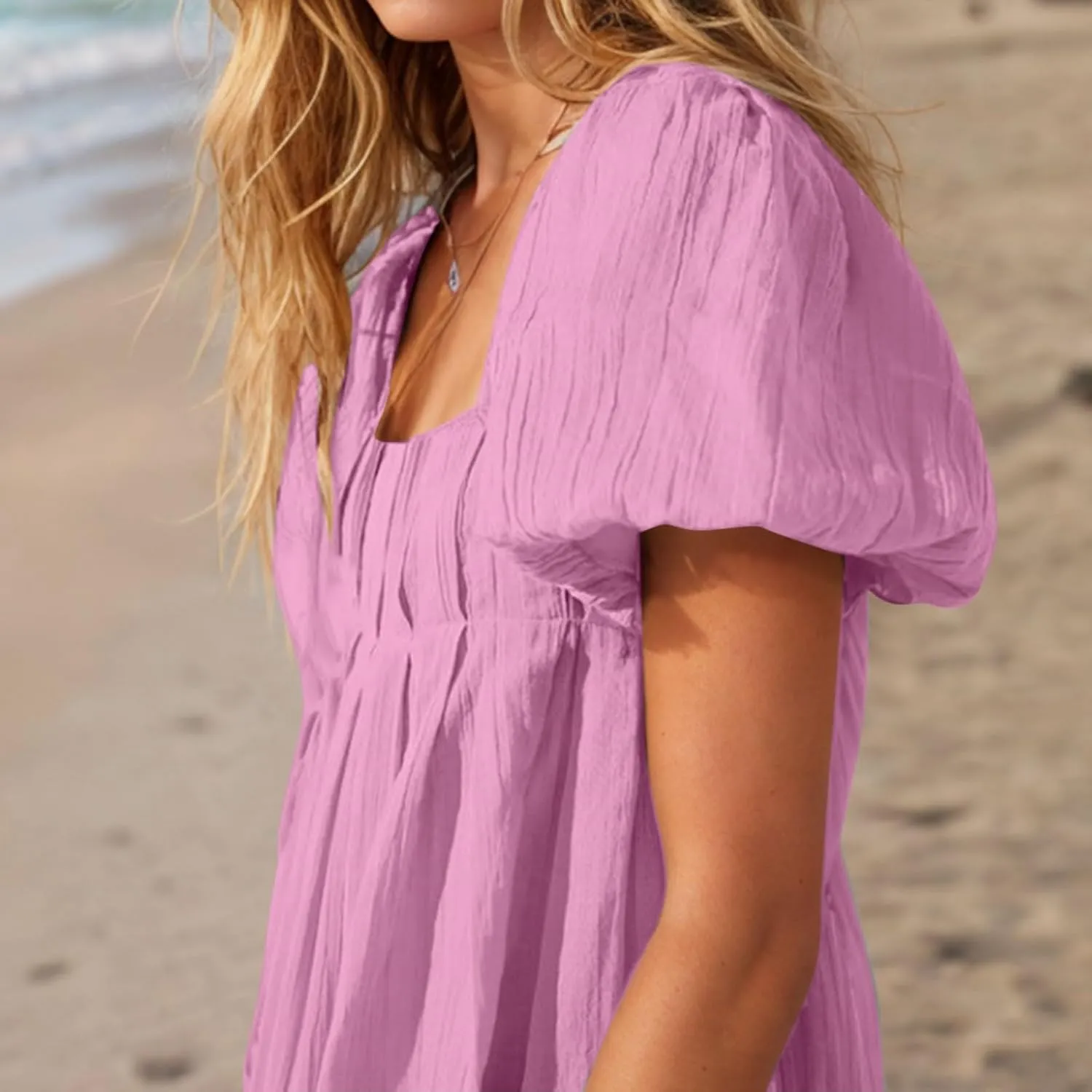 Xiaojmake Babydoll Dress for Women 2025 Cute Puff Short Sleeve Square Neck Short Dress High Waist A Line Bubble Mini Dresses