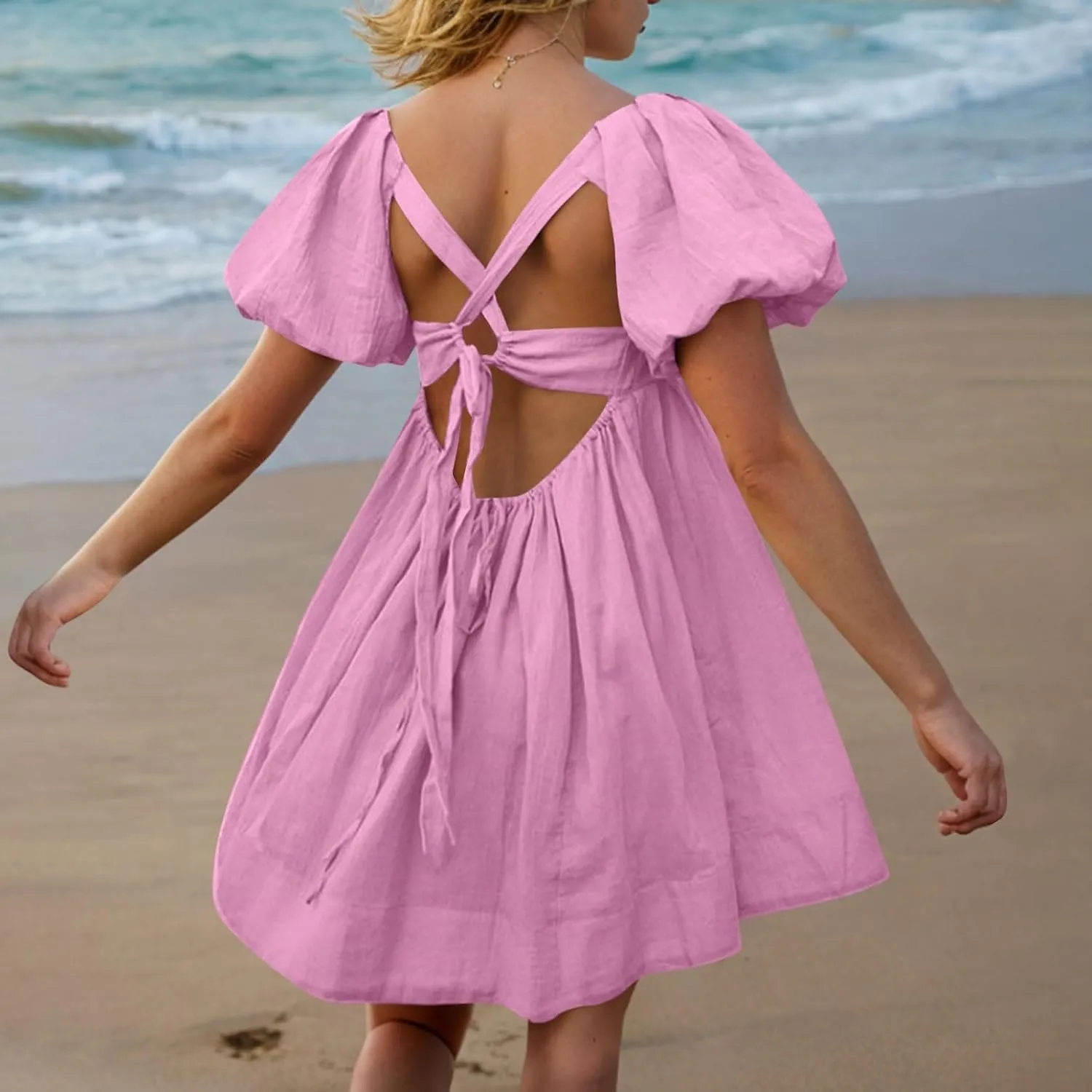 Xiaojmake Babydoll Dress for Women 2025 Cute Puff Short Sleeve Square Neck Short Dress High Waist A Line Bubble Mini Dresses