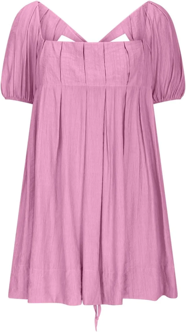 Xiaojmake Babydoll Dress for Women 2025 Cute Puff Short Sleeve Square Neck Short Dress High Waist A Line Bubble Mini Dresses