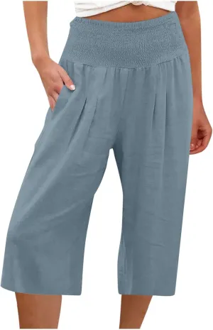 Xiaojmake Linen Capri Pants for Women Casual Summer Elastic Waist Ankle Pants Straight Wide Leg Cropped Trouser with Pockets