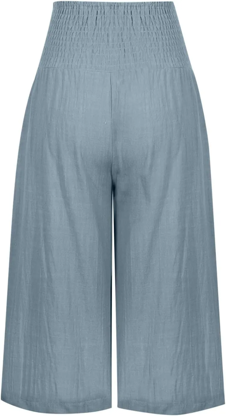 Xiaojmake Linen Capri Pants for Women Casual Summer Elastic Waist Ankle Pants Straight Wide Leg Cropped Trouser with Pockets