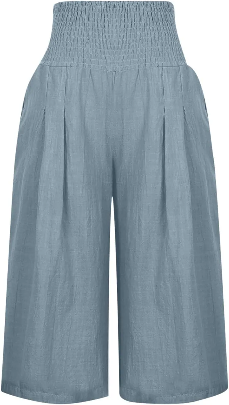 Xiaojmake Linen Capri Pants for Women Casual Summer Elastic Waist Ankle Pants Straight Wide Leg Cropped Trouser with Pockets