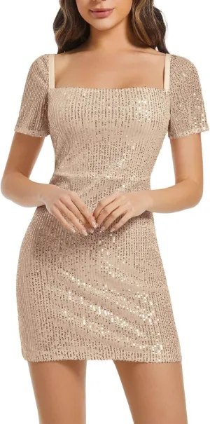 Xiaojmake Short Sleeve Sequin Homecoming Dresses Ladies Short Graduation Prom Cocktail Dance Dress Ruched Bodycon Mini Dress