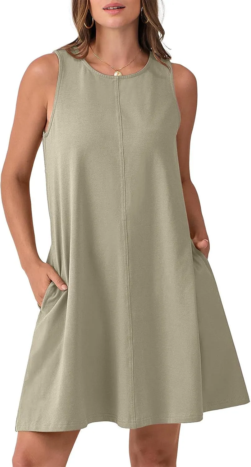 Xiaojmake Womens Summer Dress Casual Swing T Shirt Dresses Cutout Back Tank Sundress Beach Cover up Swimwear Loose Mini Dress