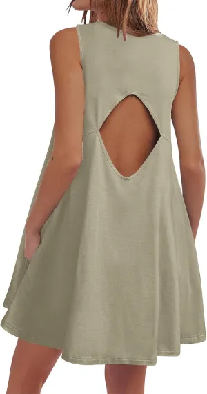 Xiaojmake Womens Summer Dress Casual Swing T Shirt Dresses Cutout Back Tank Sundress Beach Cover up Swimwear Loose Mini Dress