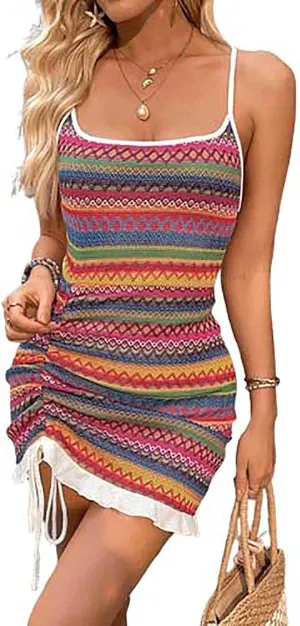 Xiaojmake Women's Summer Tank Dresses Sleeveless Square Neck Tie Knot Striped Sundress Ruched Bodycon Mini Beach Boho Dress