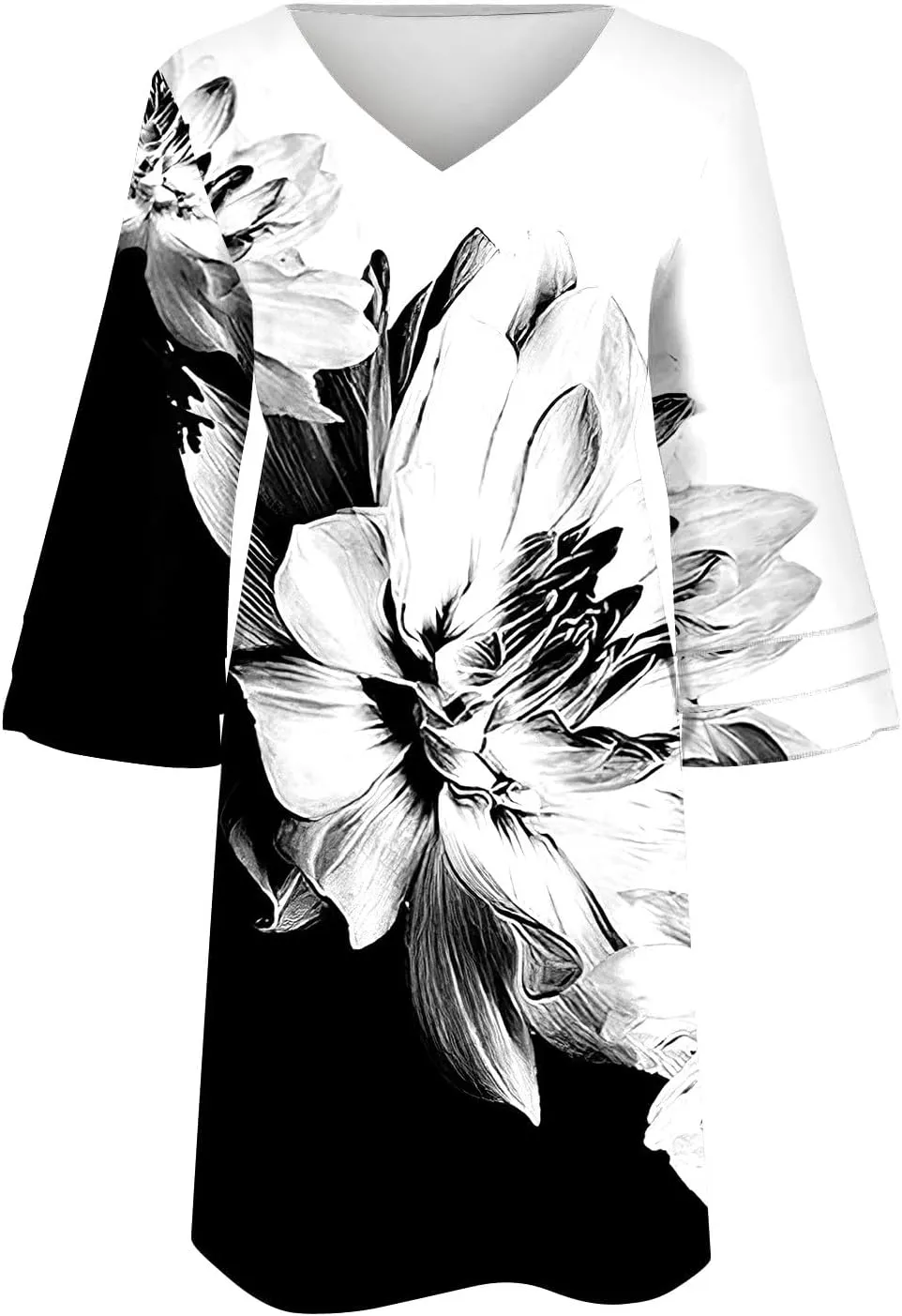XOWRTE Summer Spring Womens V Neck Cute Shift Dress with Pockets Bell Sleeve Ruffle Hem Loose Swing Summer Tunic Mini Dress