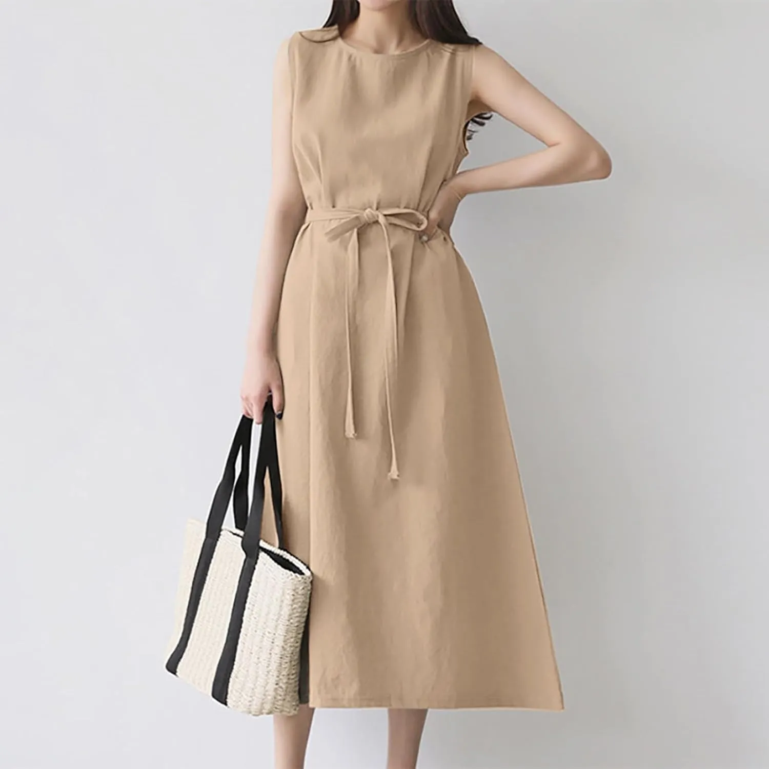 XOWRTE Womens Linen Loose Sleeveless Sundress Comfy Midi Dress Summer Crewneck Tie Waist Solid Beach Tank Dresses for Women