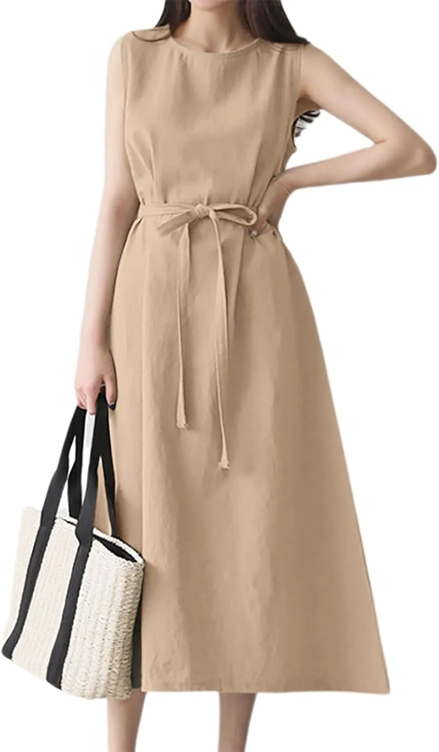 XOWRTE Womens Linen Loose Sleeveless Sundress Comfy Midi Dress Summer Crewneck Tie Waist Solid Beach Tank Dresses for Women