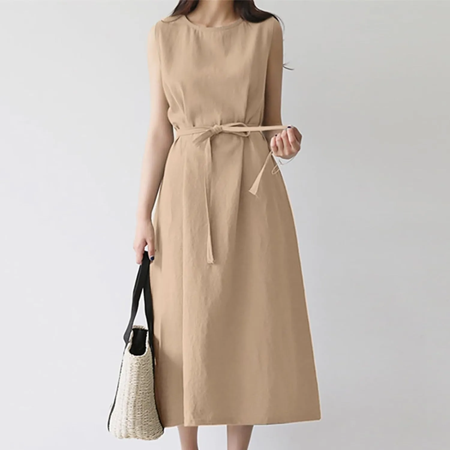 XOWRTE Womens Linen Loose Sleeveless Sundress Comfy Midi Dress Summer Crewneck Tie Waist Solid Beach Tank Dresses for Women