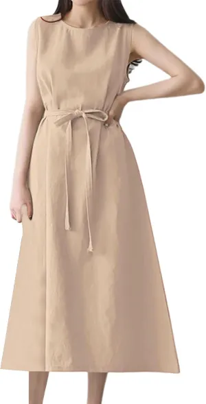 XOWRTE Womens Linen Loose Sleeveless Sundress Comfy Midi Dress Summer Crewneck Tie Waist Solid Beach Tank Dresses for Women