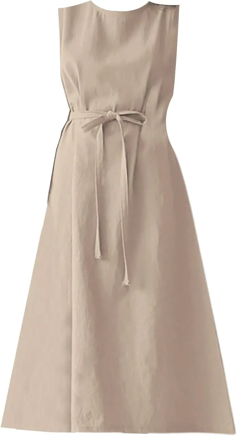 XOWRTE Womens Linen Loose Sleeveless Sundress Comfy Midi Dress Summer Crewneck Tie Waist Solid Beach Tank Dresses for Women