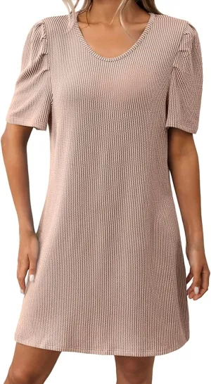 XOWRTE Womens Summer V Neck Contrasting Striped Bubble Sleeve Tunic Mini Dress 2025 Casual Solid Color Beach Babydoll Dress