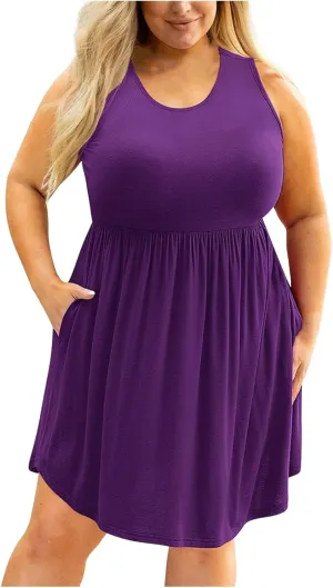 XUNRYAN Summer Tank Dress for Women Plus Size Casual Sleeveless Crewneck Pleated Babydoll Swing Beach Sundresses with Pockets