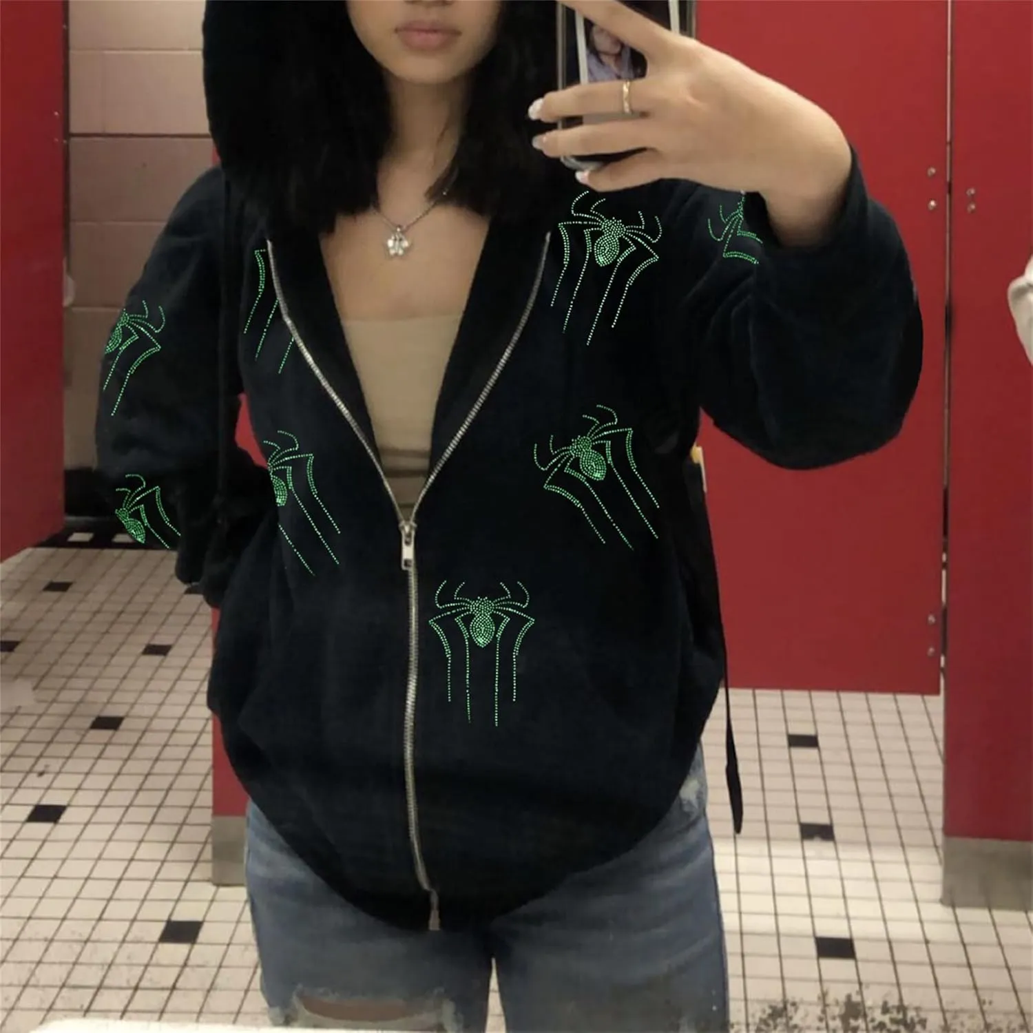 Y2k Full Zip Up Hoodies for Women Men Oversized Skeleton Graphic Over Face Sweatshirt Goth Punk Hip Hop Jacket Coat