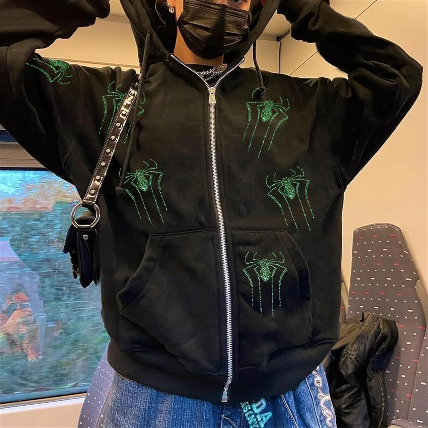 Y2k Full Zip Up Hoodies for Women Men Oversized Skeleton Graphic Over Face Sweatshirt Goth Punk Hip Hop Jacket Coat