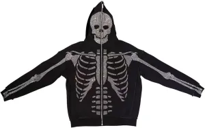Y2K Skeleton Oversized Full Zip Up Hoodie Women Rhinestone Skull Graphic Sweatshirt E-Girl Streetwear
