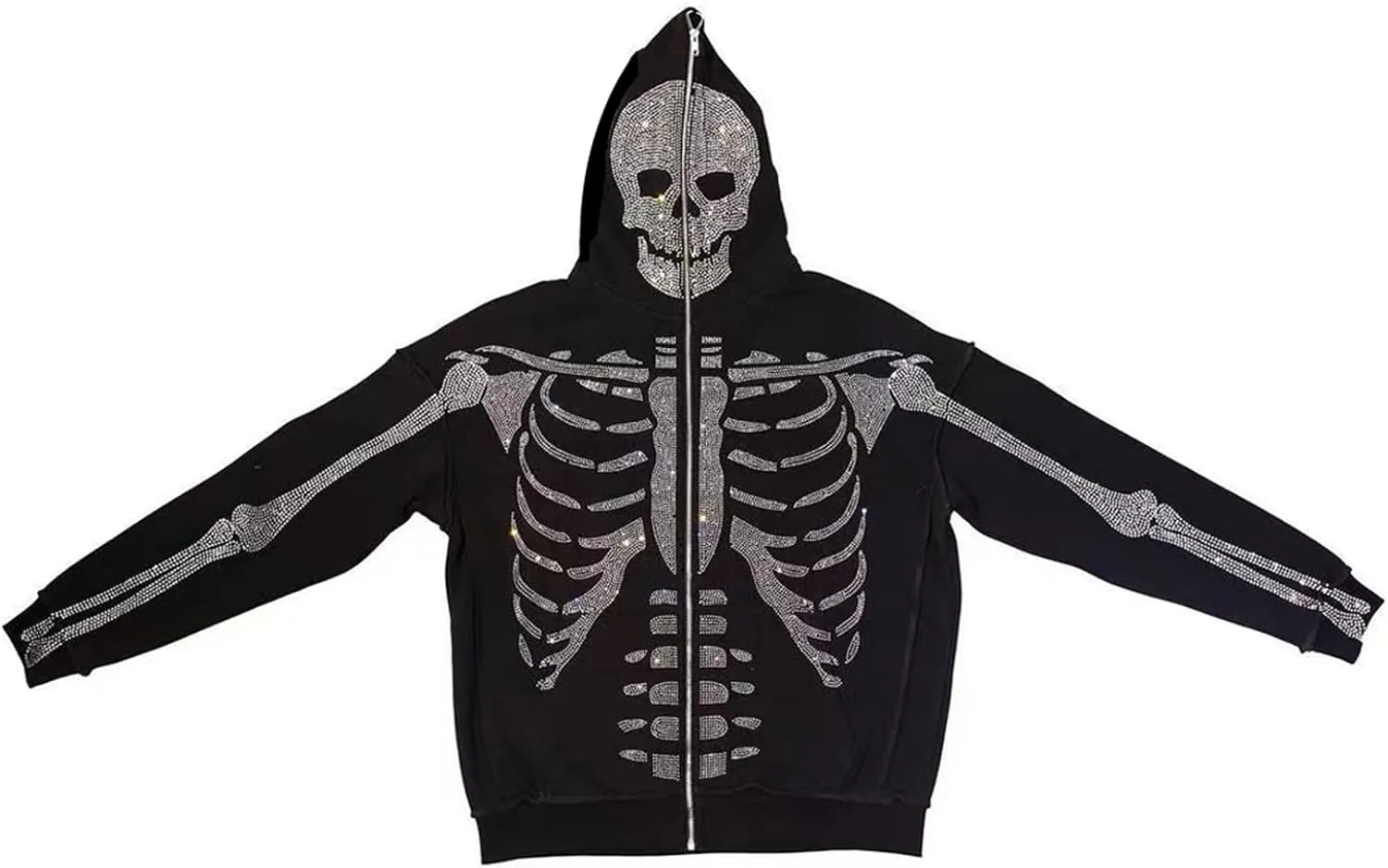 Y2K Skeleton Oversized Full Zip Up Hoodie Women Rhinestone Skull Graphic Sweatshirt E-Girl Streetwear
