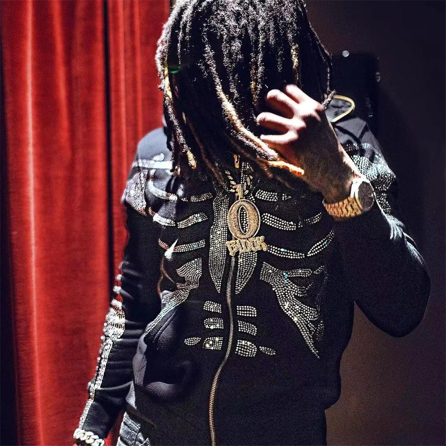 Y2K Skeleton Oversized Full Zip Up Hoodie Women Rhinestone Skull Graphic Sweatshirt E-Girl Streetwear