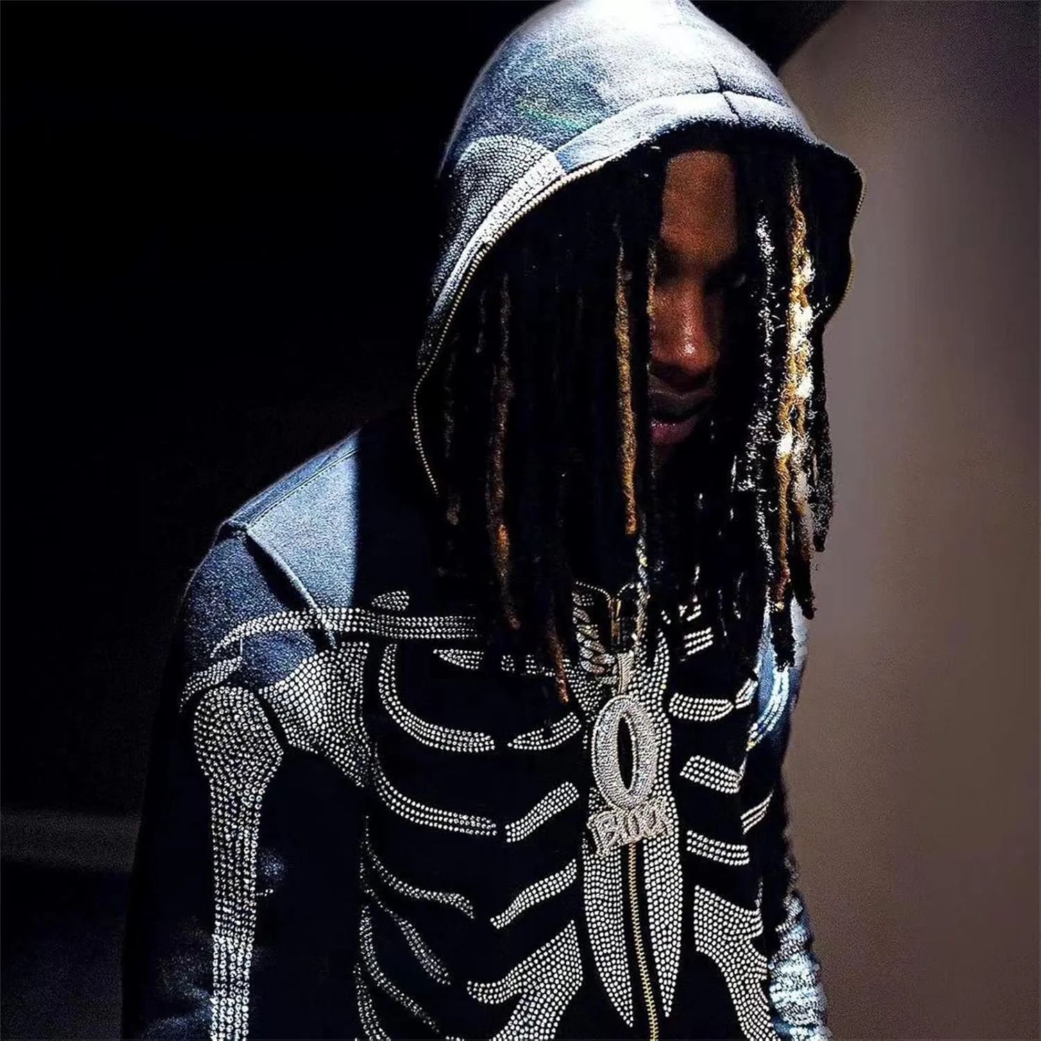 Y2K Skeleton Oversized Full Zip Up Hoodie Women Rhinestone Skull Graphic Sweatshirt E-Girl Streetwear