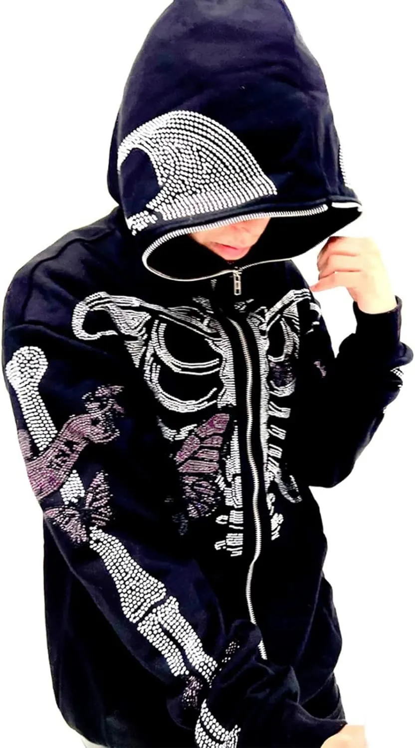 Y2k Women Men Rhinestone Skeleton Hoodies Zip Up Spider Punk Jacket Oversized Sweatshirt Gothic Streetwear