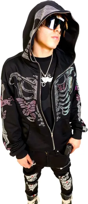 Y2k Women Men Rhinestone Skeleton Hoodies Zip Up Spider Punk Jacket Oversized Sweatshirt Gothic Streetwear